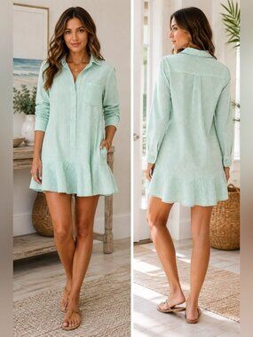 AVARA Mint Green White Stripe Ruffle Hem Shirt Dress Size M NWT Coastal Preppy